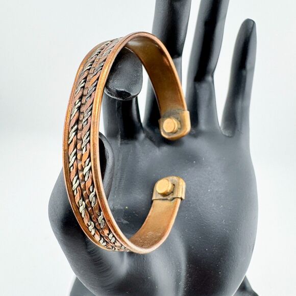 Vintage Copper Magnetic Cuff Bracelet Woven Brass Silver Tone Mixed Metal Retro - Picture 4 of 9